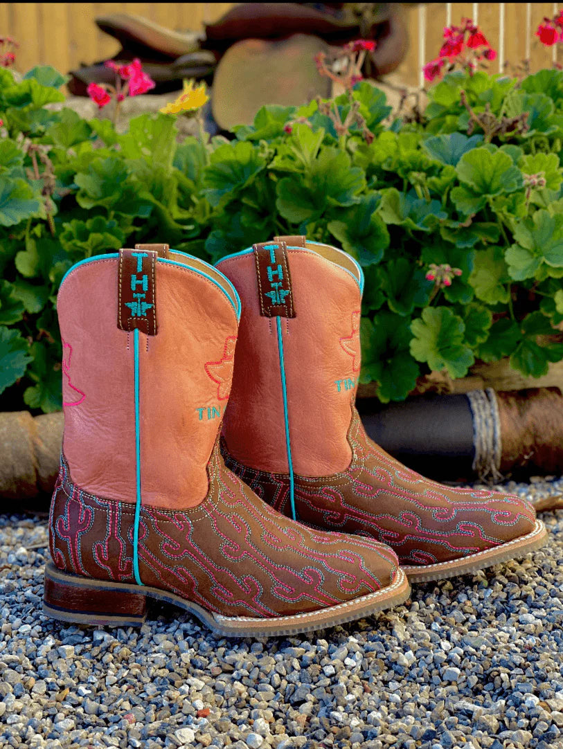 Girl's Tin Haul Pink Cowboy Boots w/ Cactus stitching