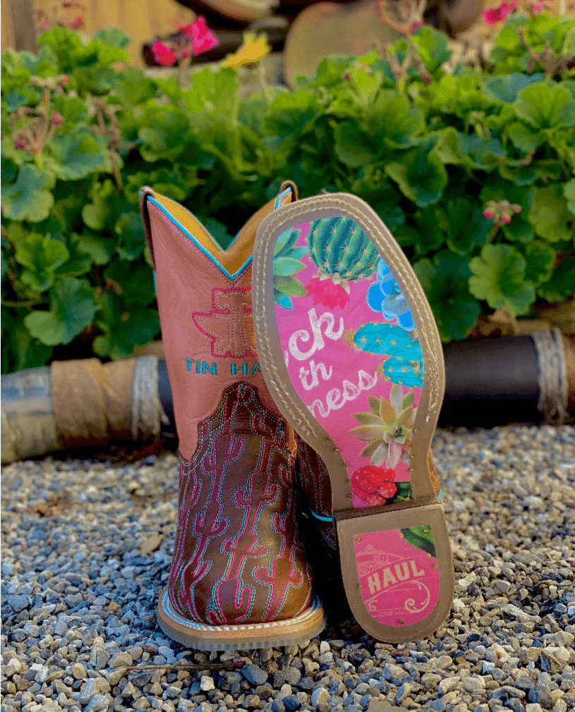 Girl's Tin Haul Pink Cowboy Boots w/ Cactus stitching
