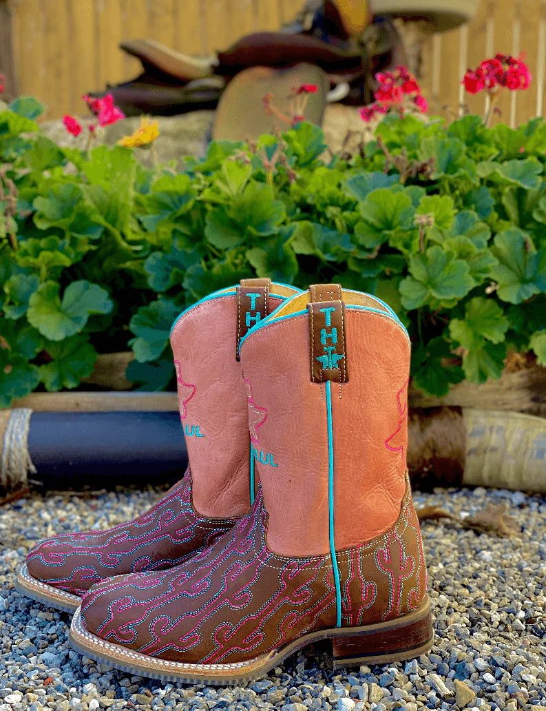 Girl's Tin Haul Pink Cowboy Boots w/ Cactus stitching