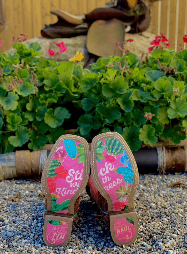 Girl's Tin Haul Pink Cowboy Boots w/ Cactus stitching