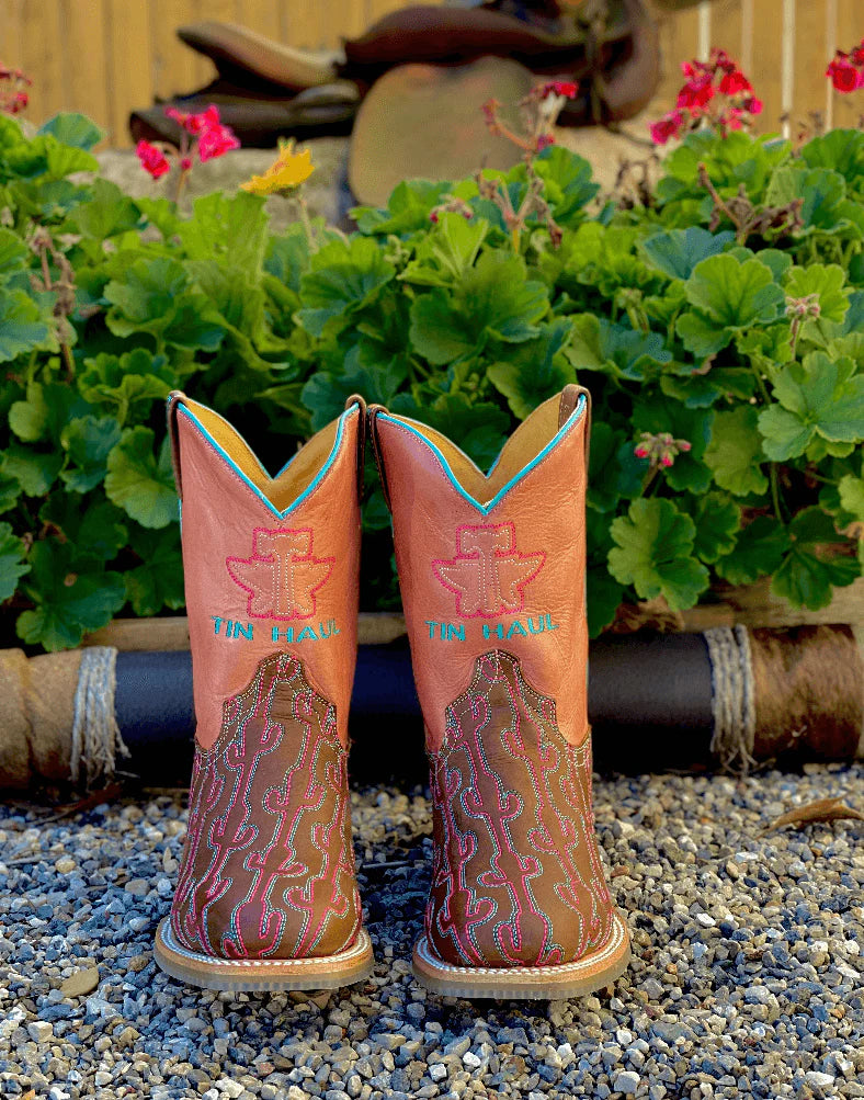 Girl's Tin Haul Pink Cowboy Boots w/ Cactus stitching