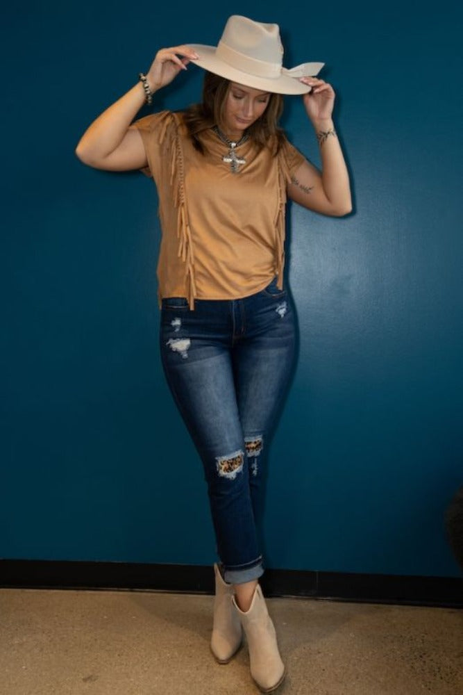 Women's Lucky & Blessed High Rise Boyfriend Cut Jeans w/ Leopard knee