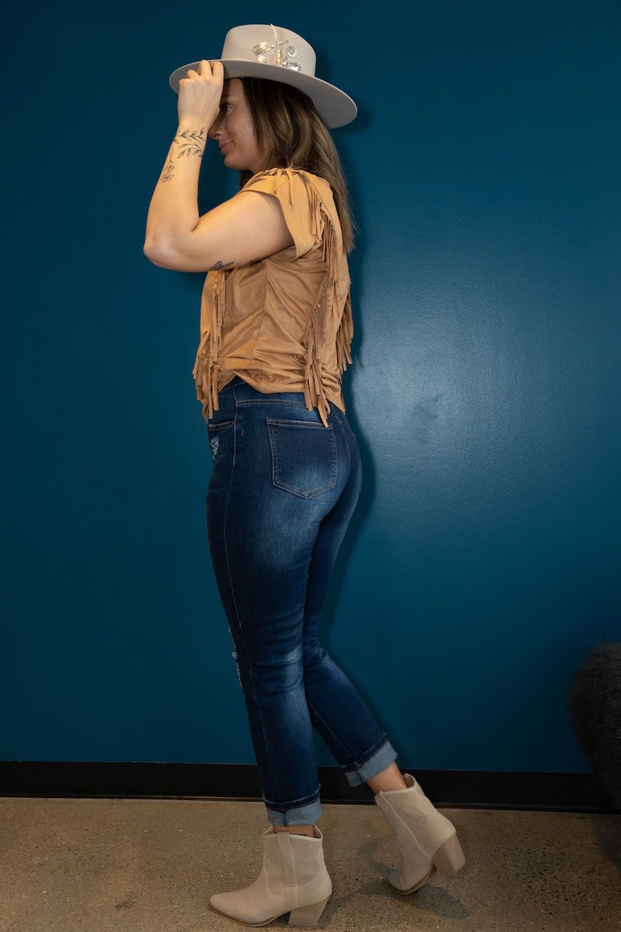 Women's Lucky & Blessed High Rise Boyfriend Cut Jeans w/ Leopard knee