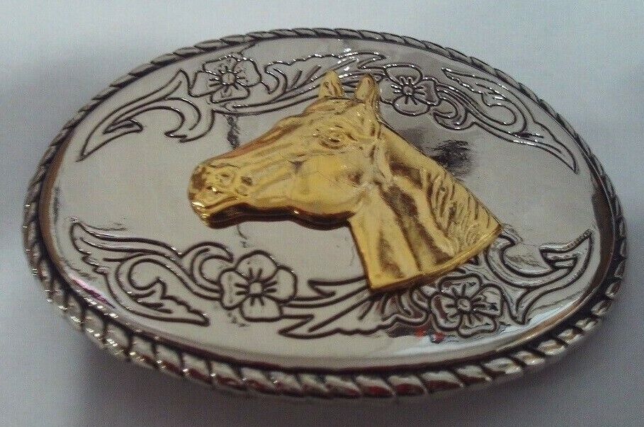 Silver BELT BUCKLE w/ GOLD HORSE HEAD Rope edging 3 1/2" x 2 1/2"