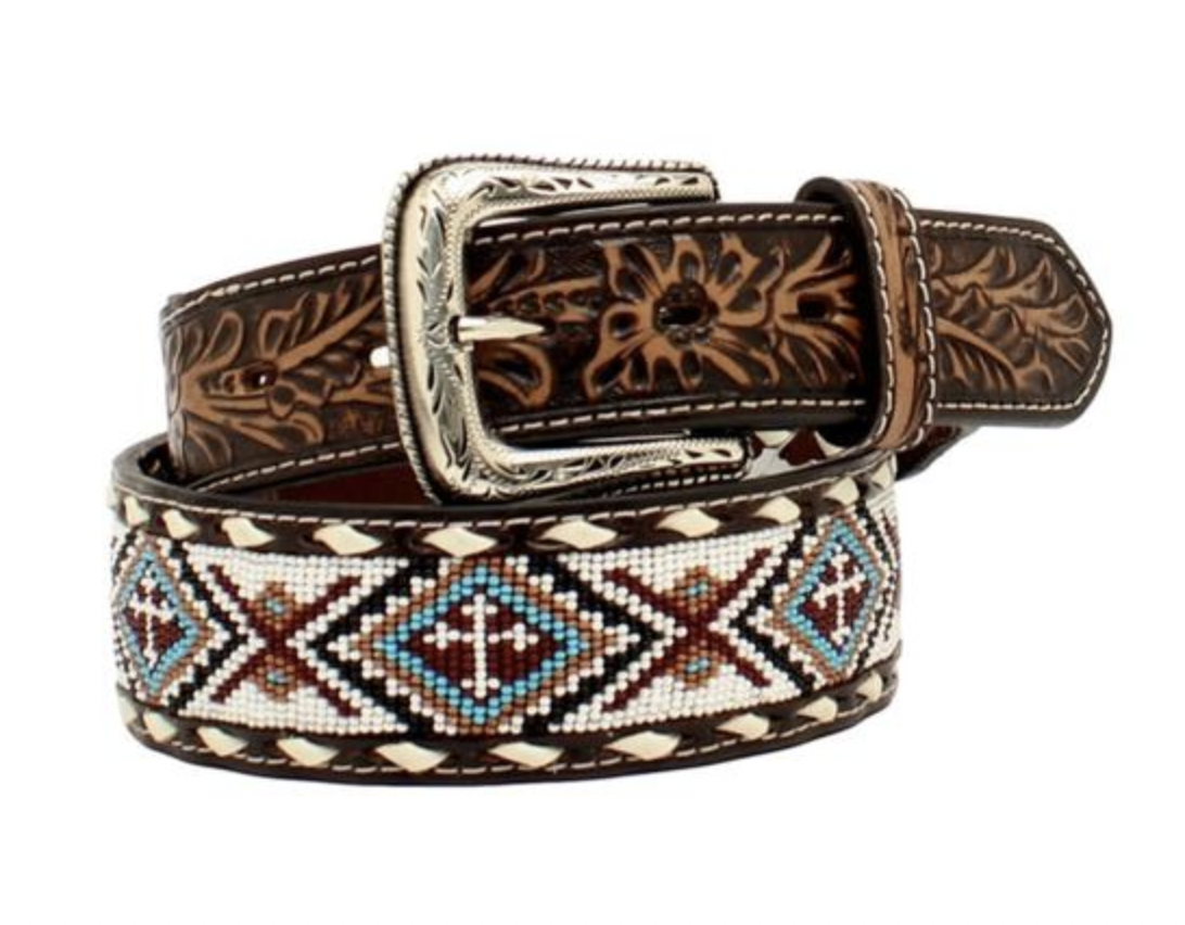 Nocona Belt Co. Men's Leather BEADED CROSS BELT w/ White Buckstitch