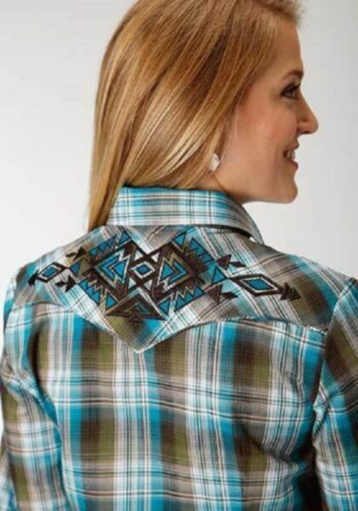 Roper Women's Turquoise & brown Plaid Shirt w/ Snaps