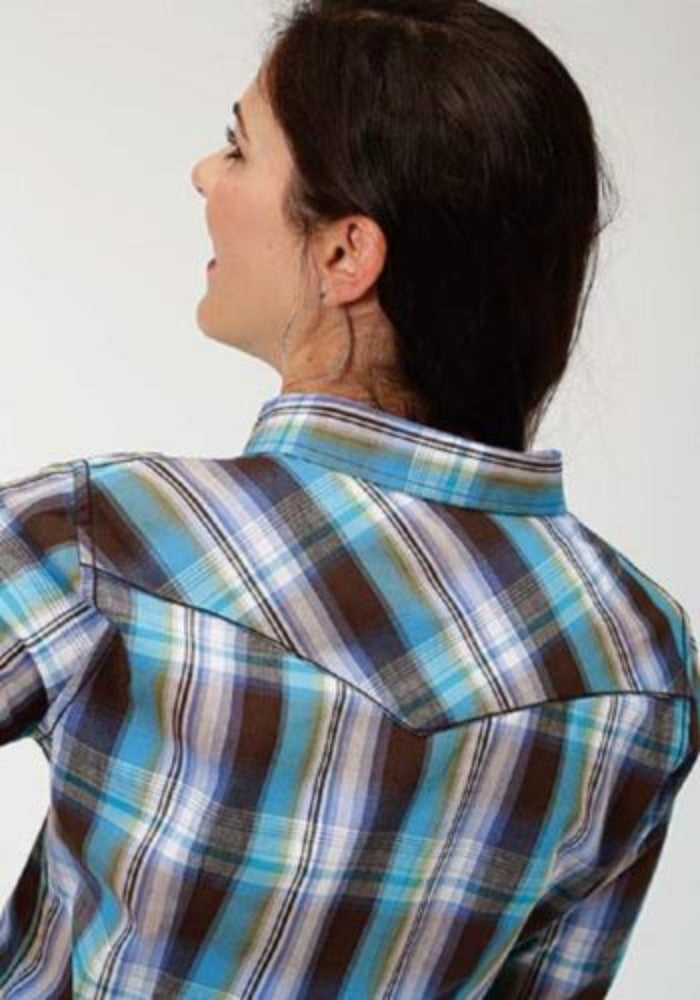 Women's Roper Turquoise Brown & White Plaid Western Shirt