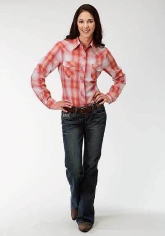 Roper Women's Red Gold White PLAID WESTERN SHIRT w/ Gold