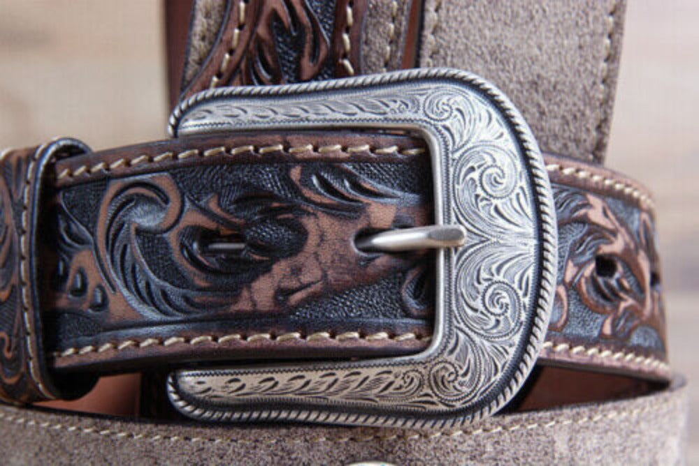 3D Belt Men's Brown & Tan Floral Tooled Belt w/ Conchos