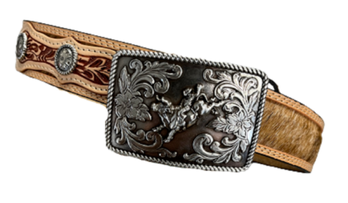 3D Belt Co. Youth Hair-On Cowhide Belt w/ Bull Rider Belt Buckle