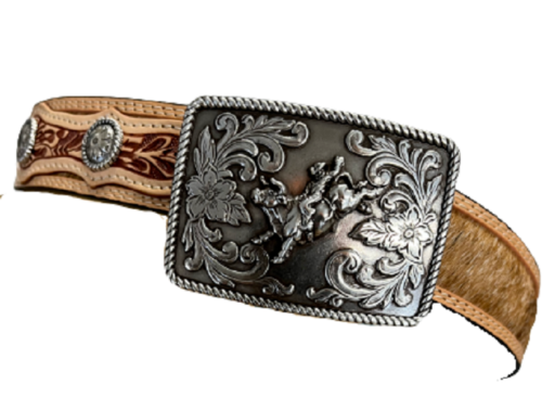 3D Belt Co. Youth Hair-On Cowhide Belt w/ Bull Rider Belt Buckle