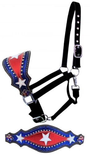 Adjustable Red White & Blue Nylon Bronc Halter w White stars Crystal rhinestones