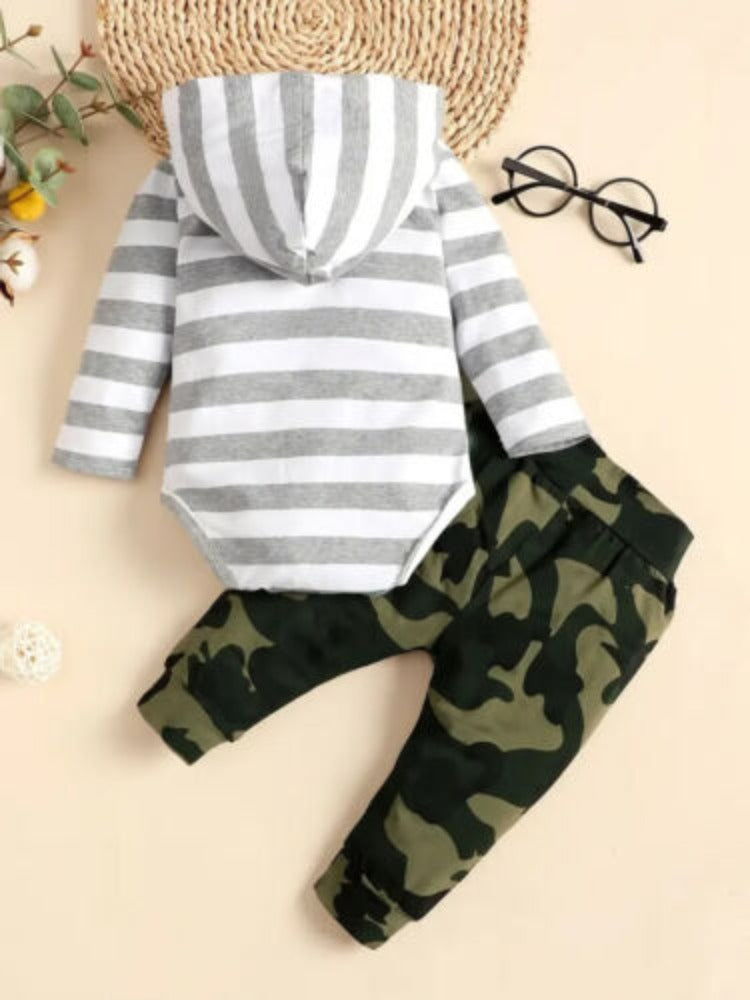 Infant Boy's White Gray Camo Hooded Romper & Pants