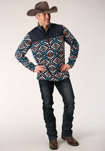 Men's Roper Dark blue & turquoise Aztec Print Fleece Pullover