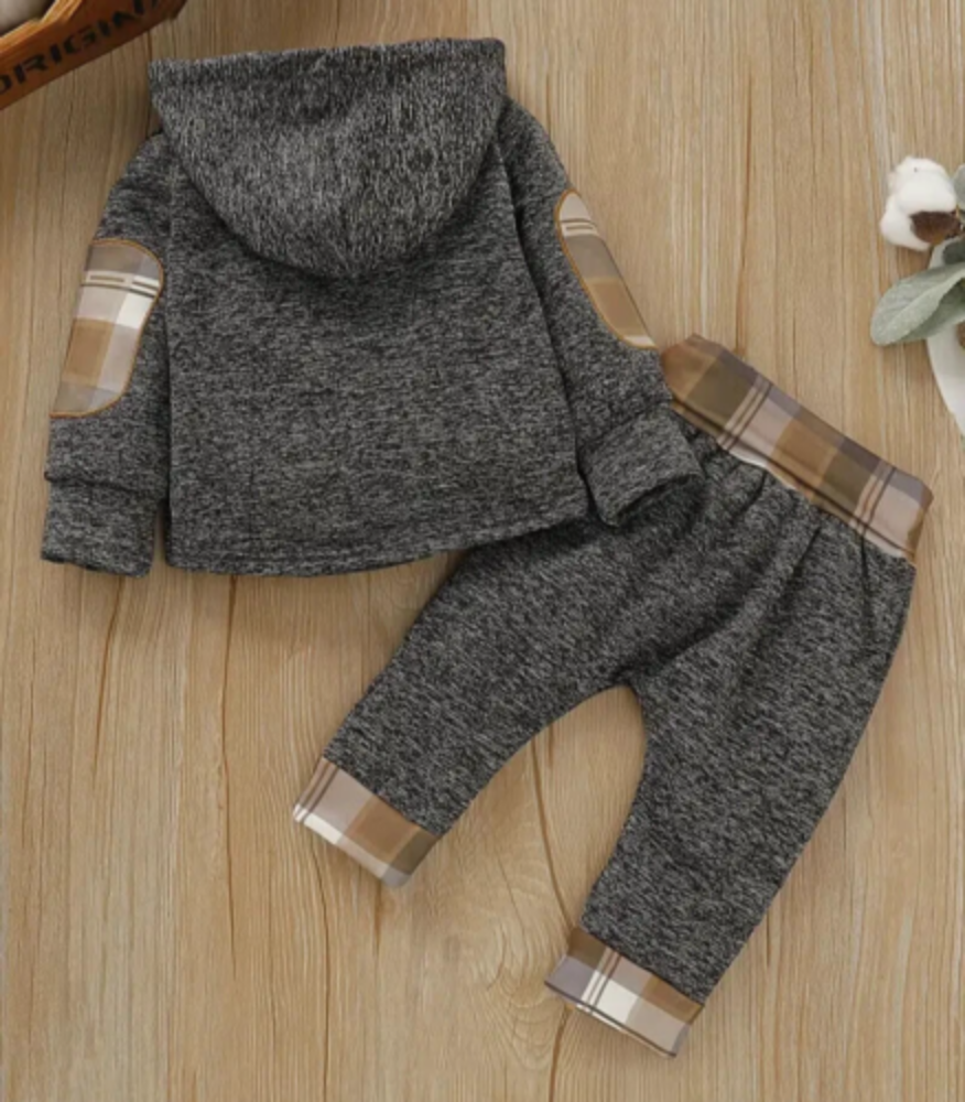 Boy's Infant Gray & Brown Plaid Hooded Shirt & Pants 2 pc Set
