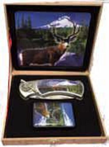 DEER PHOTO POCKET KNIFE w/ 3" Blade & LIGHTER BOX SET w/ Wooden gift box