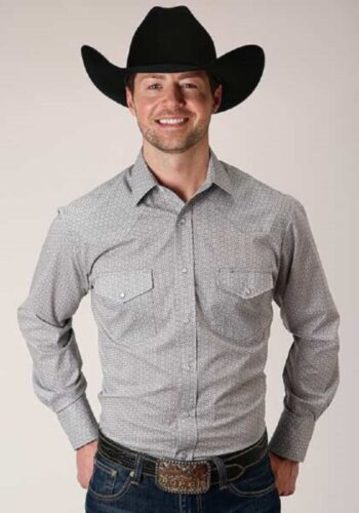 Men's Roper GRAY & WHITE PRINT WESTERN SHIRT w/ Snaps