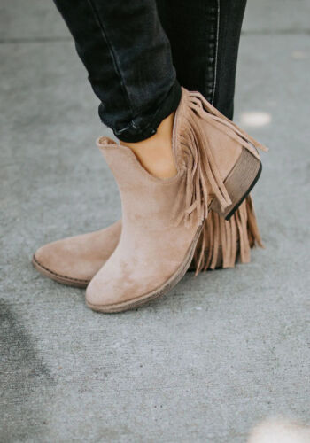 Very G Women's Trio Taupe with Fringe Round Toe Booties