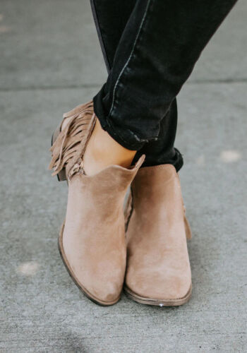 Very G Women's Trio Taupe with Fringe Round Toe Booties