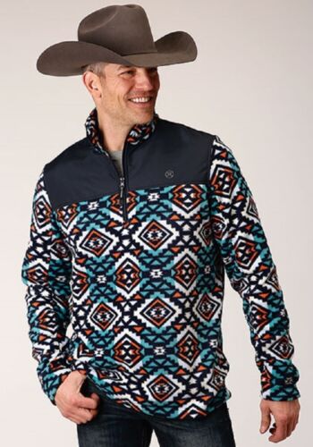 Men's Roper Dark blue & turquoise Aztec Print Fleece Pullover