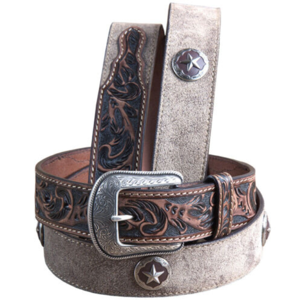 3D Belt Men's Brown & Tan Floral Tooled Belt w/ Conchos