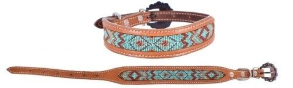 Showman Genuine Leather Teal/Gold/Burgundy Beaded Dog Collar