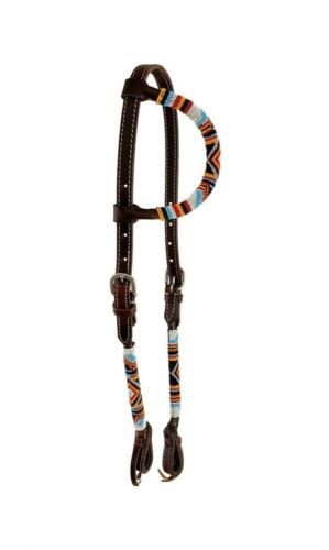 Dark Argentina Leather Beaded One Ear Headstall w/ Southwest Overlay
