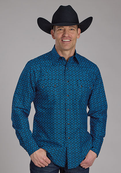 Roper Men's Blue Print Aztec Tile Western Shirt
