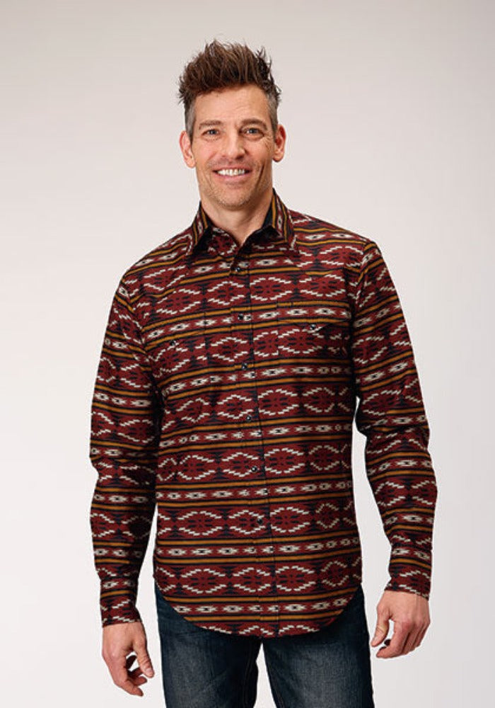Men's Roper Burgundy Aztec Print Western Shirt w/ Snaps