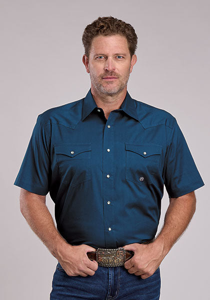 MENS ROPER SNAP SHORT SLEEVE SOLID STRETCH POPLIN - NAVY