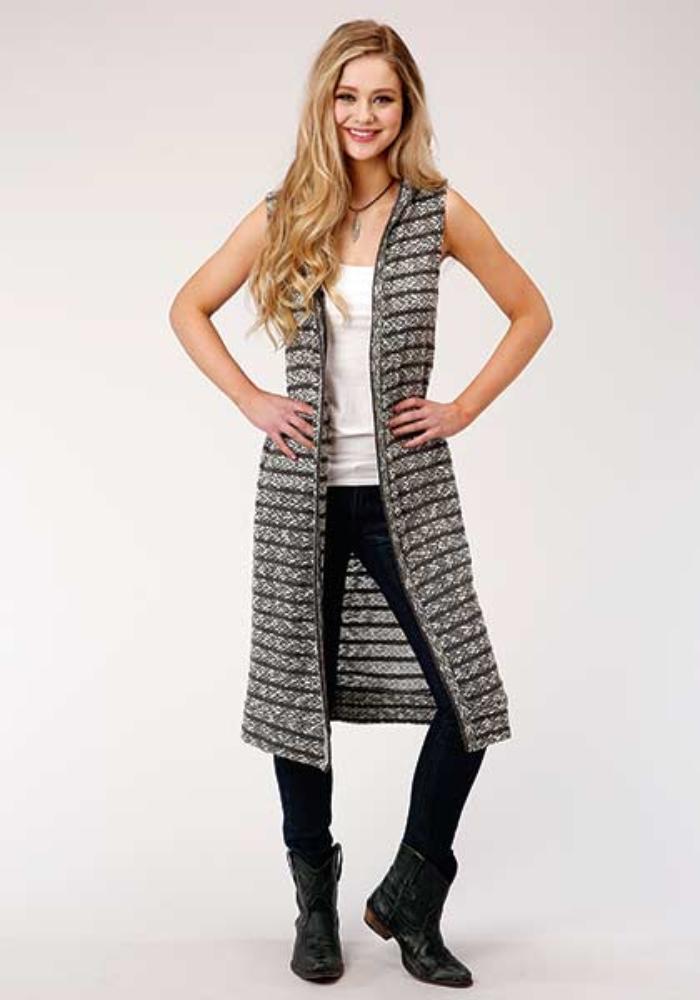 Women's Roper Gray White Hooded Cardigan-Style Sweater