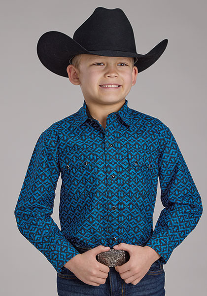 Roper Boy's Blue Print Aztec Tile Western Shirt