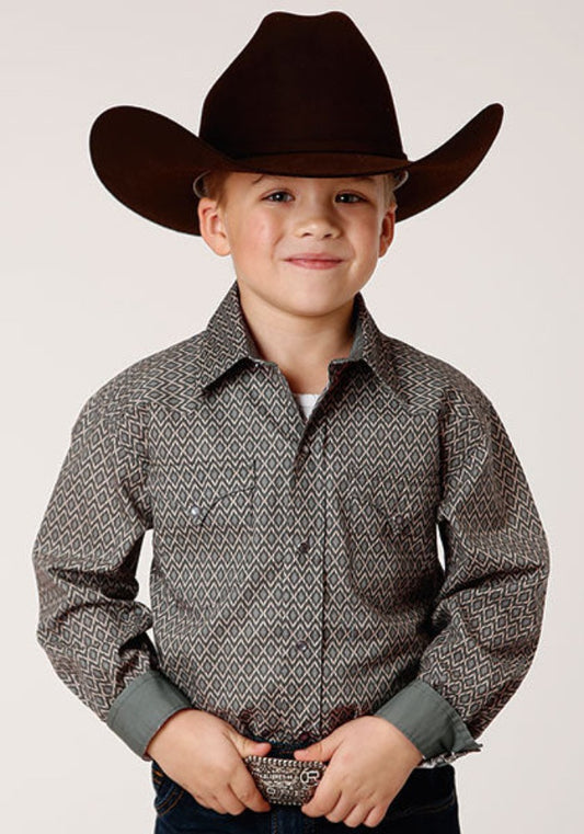 Roper Boys Broken Diamond Print Long Sleeve Button Up Western Shirt