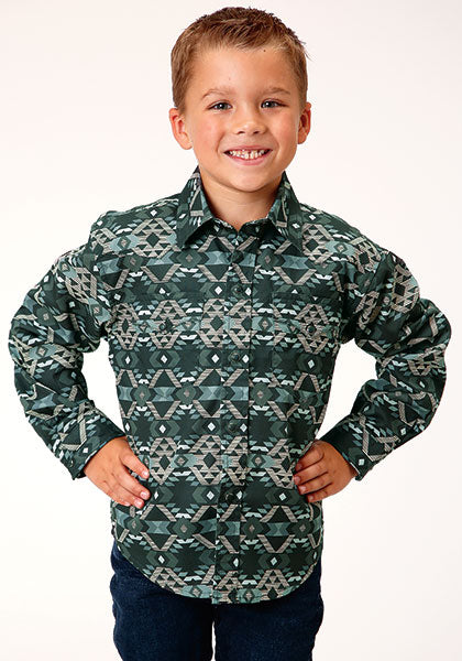 Roper Boy's Slate Aztec Print Western Shirt w/ Snaps