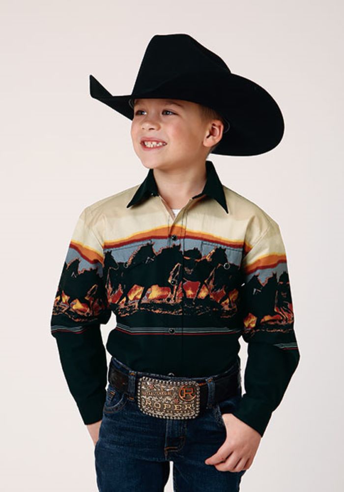 Boy's Vintage Style Border Western Shirt w/ Horse Print