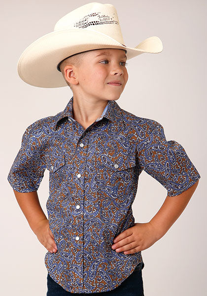 Boy's Roper Short Sleeve Paisley Blue & Brown Western Shirt w/ Snaps