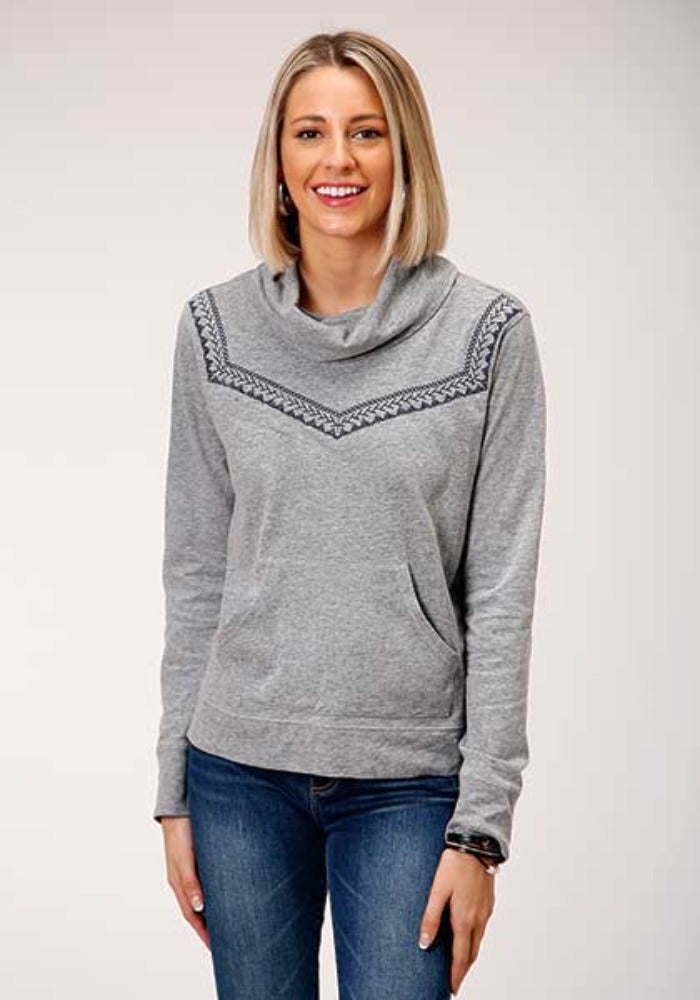 Roper Women's Gray Embroidery Jersey Cowl Neck Sweater