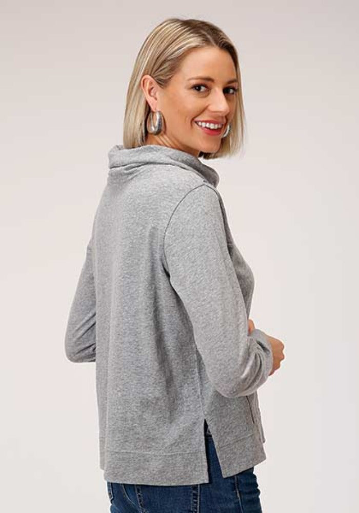 Roper Women's Gray Embroidery Jersey Cowl Neck Sweater