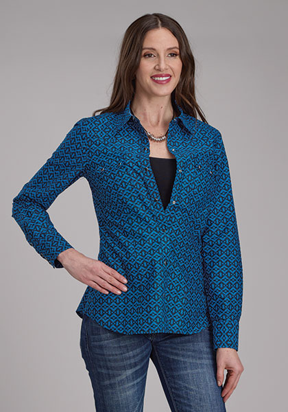 Roper Women's Blue Print Aztec Tile Western Shirt