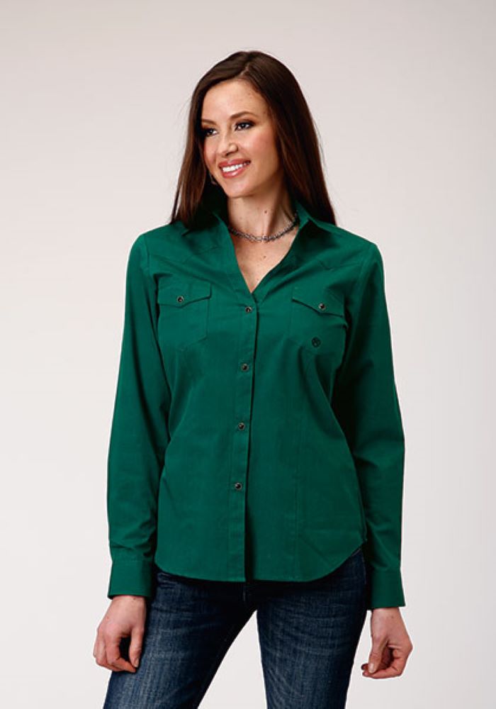 Women's Solid Green Western V Neck Shirt