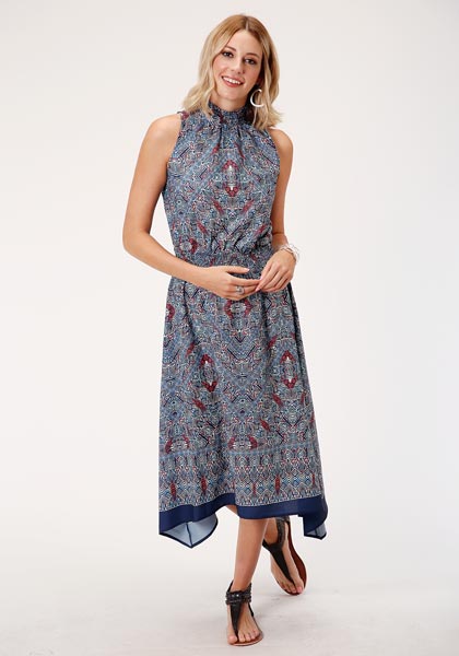 Roper Women's Blue Orange Tribal Border Print Western Dress
