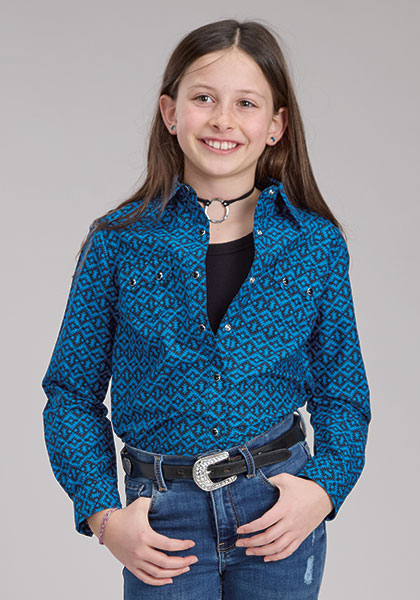 Roper Girl's Blue Print Aztec Tile Western Shirt