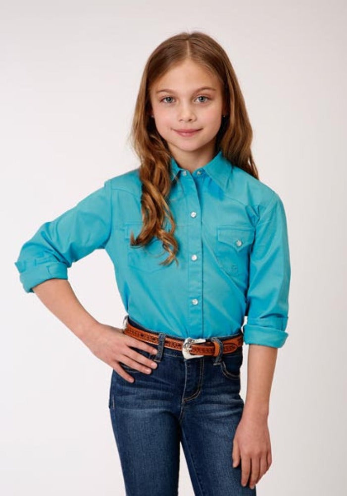 Roper Youth Girl's Solid Turquoise Stretch Poplin Snap Up Western Shirt