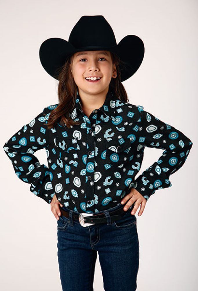 Girl's Navy Blue Jewelry Printed Rayon Western Shirt