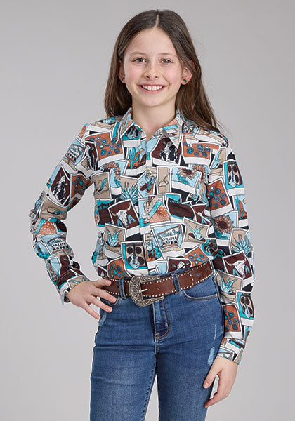 Girl's Photo Collage Printed Rayon Western Long Sleeve Blouse