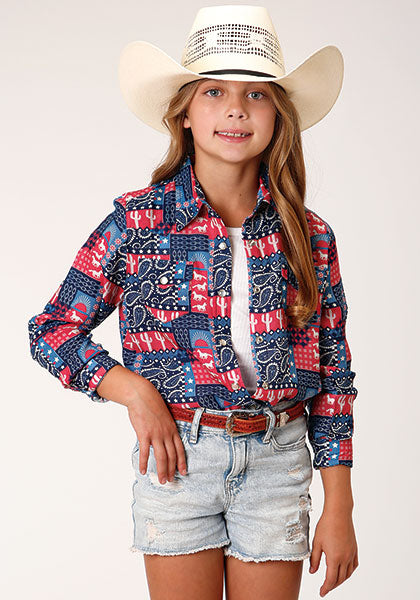 Girl's Roper Red White & Blue Paisley Patch Western Shirt