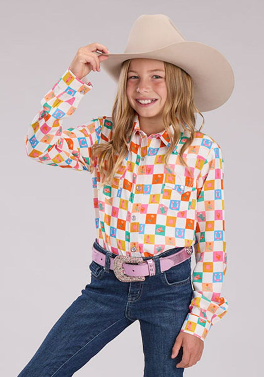 Girl's Checkers Print Western Shirt