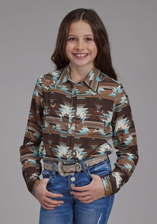 Girl's Roper Long Brown Aztec Design Western Shirt
