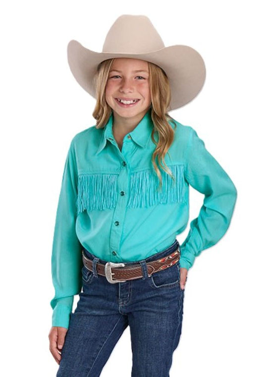Girl's Western w Fringe Show Shirt Turquoise