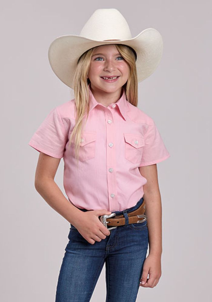 Girl's Pink Cotton Twill Western Short Sleeve Shirt